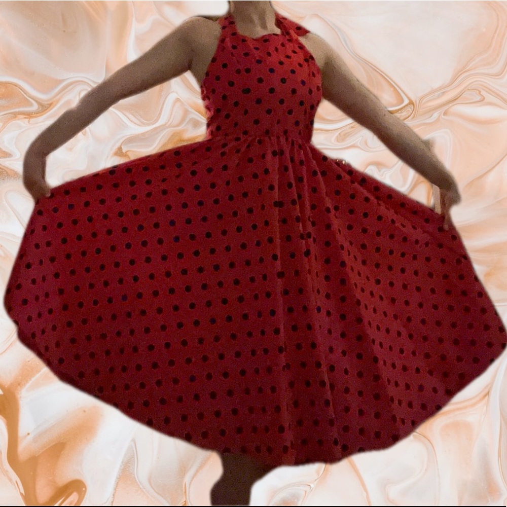 Women’s vintage prom 50’s polka dot halter tie hot pink dress worn once